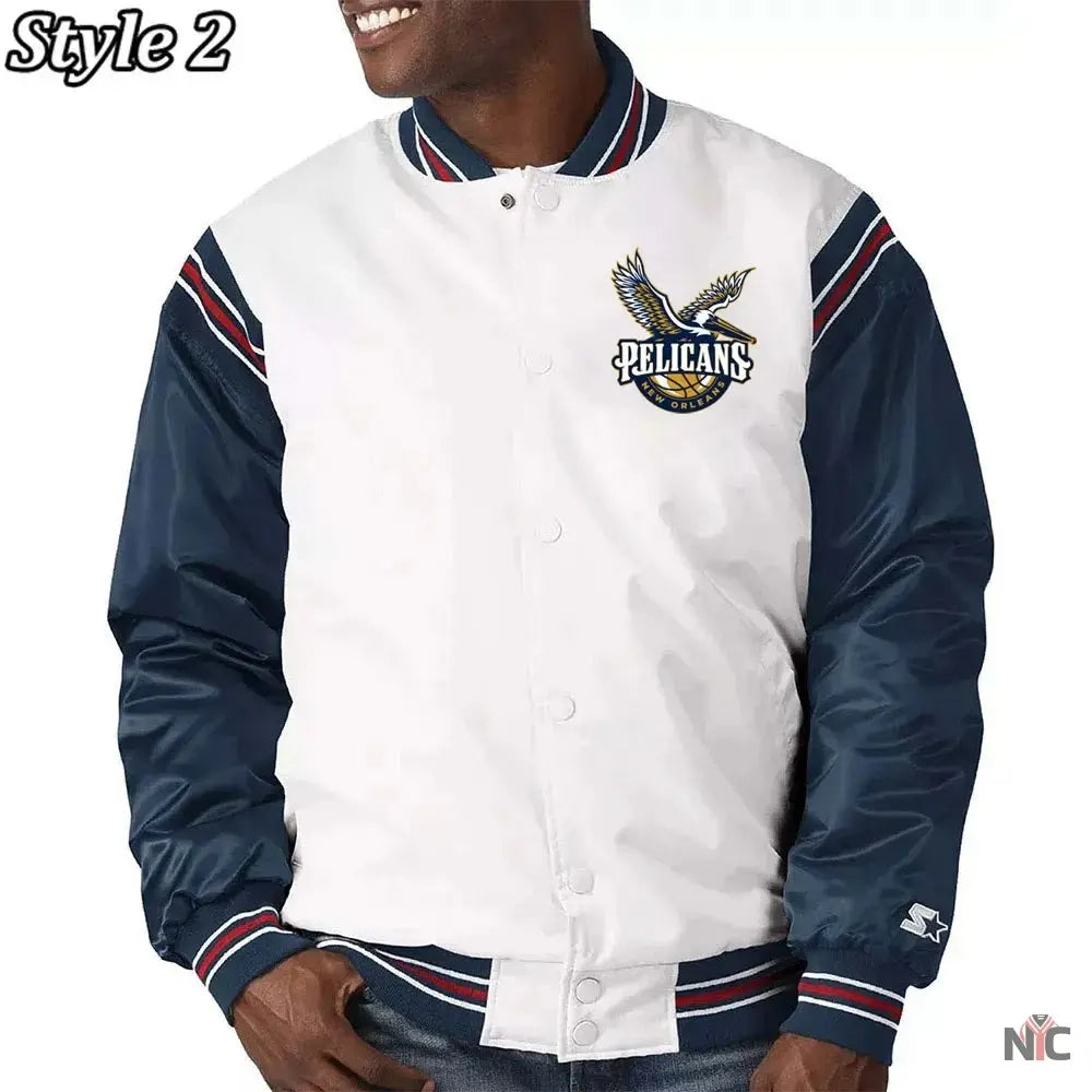 New Orleans Pelicans Renegade Varsity White Navy Jacket Clanton Jacket