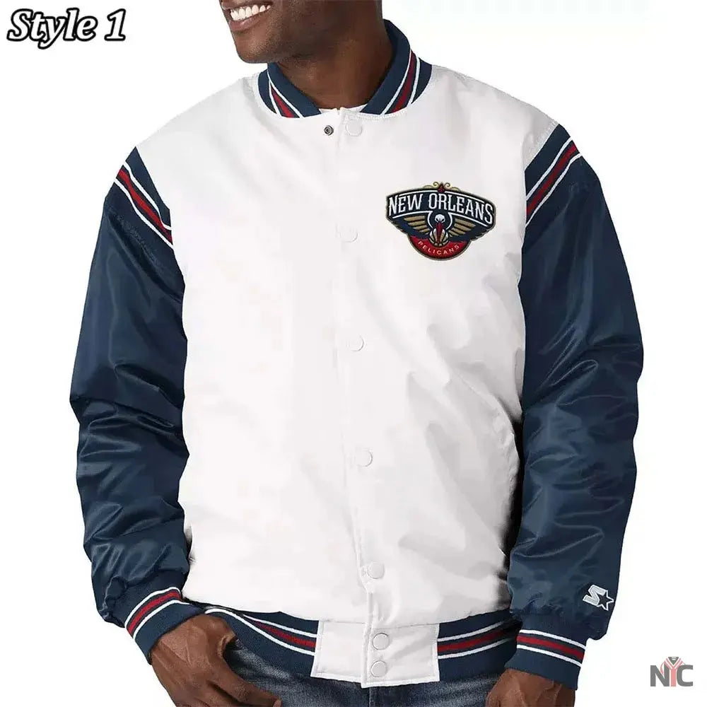 New Orleans Pelicans Renegade Varsity White Navy Jacket Clanton Jacket