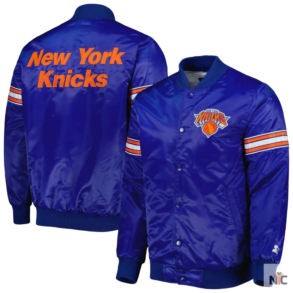 New York Knicks Pick & Roll Blue Satin Varsity Jacket Clanton Jacket