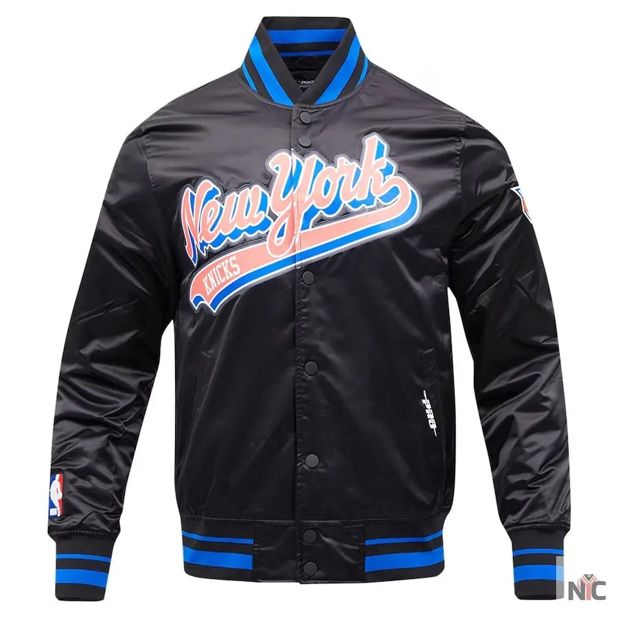 New York Knicks Script Tail Satin Varsity Jacket Clanton Jacket