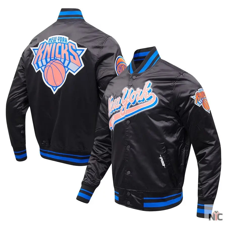 New York Knicks Script Tail Satin Varsity Jacket Clanton Jacket