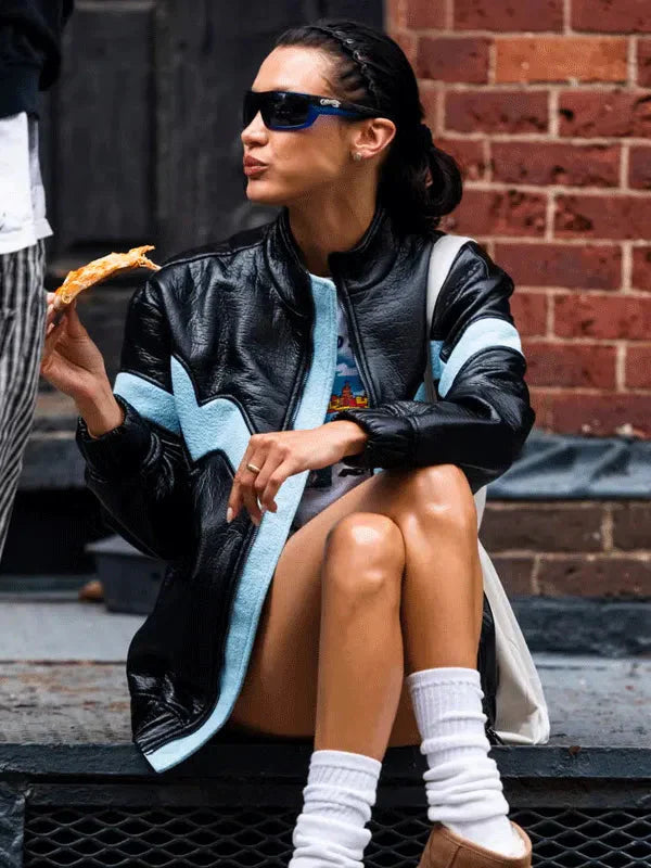 New York Street Bella Hadid Black Leather Jacket Clanton Jacket