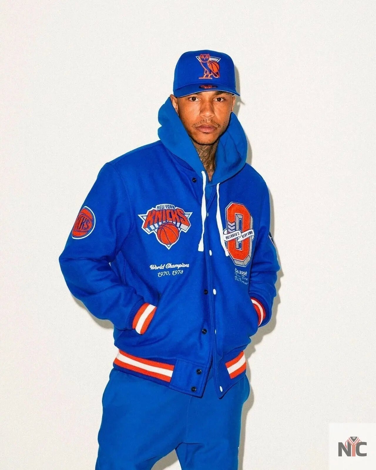 OVO x NBA New York Knicks Blue Varsity Jacket Clanton Jacket