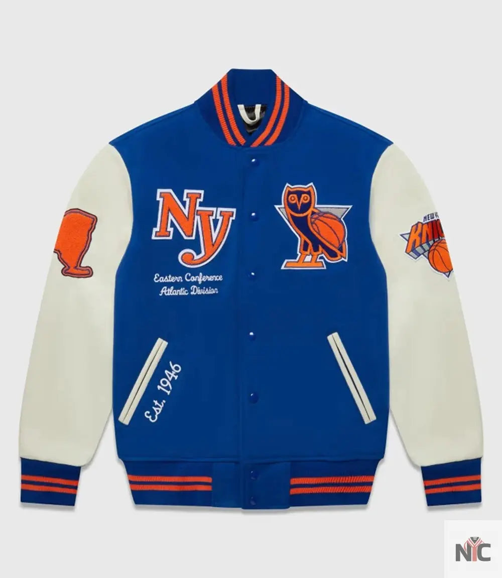 OVO x NBA New York Knicks Blue Varsity Jacket Clanton Jacket