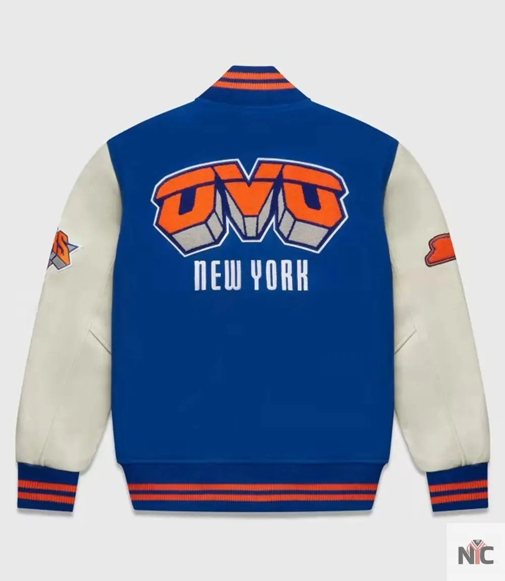 OVO x NBA New York Knicks Blue Varsity Jacket Clanton Jacket