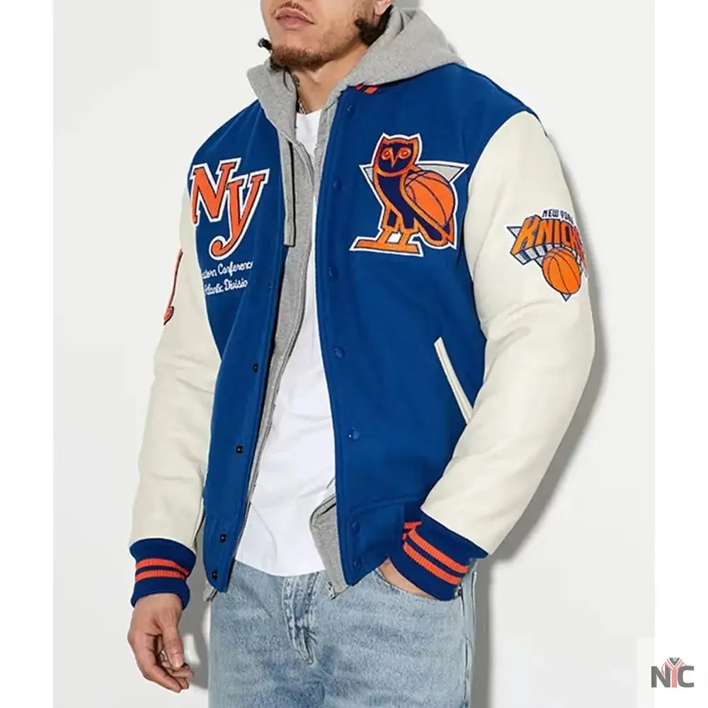 OVO x NBA New York Knicks Blue Varsity Jacket Clanton Jacket
