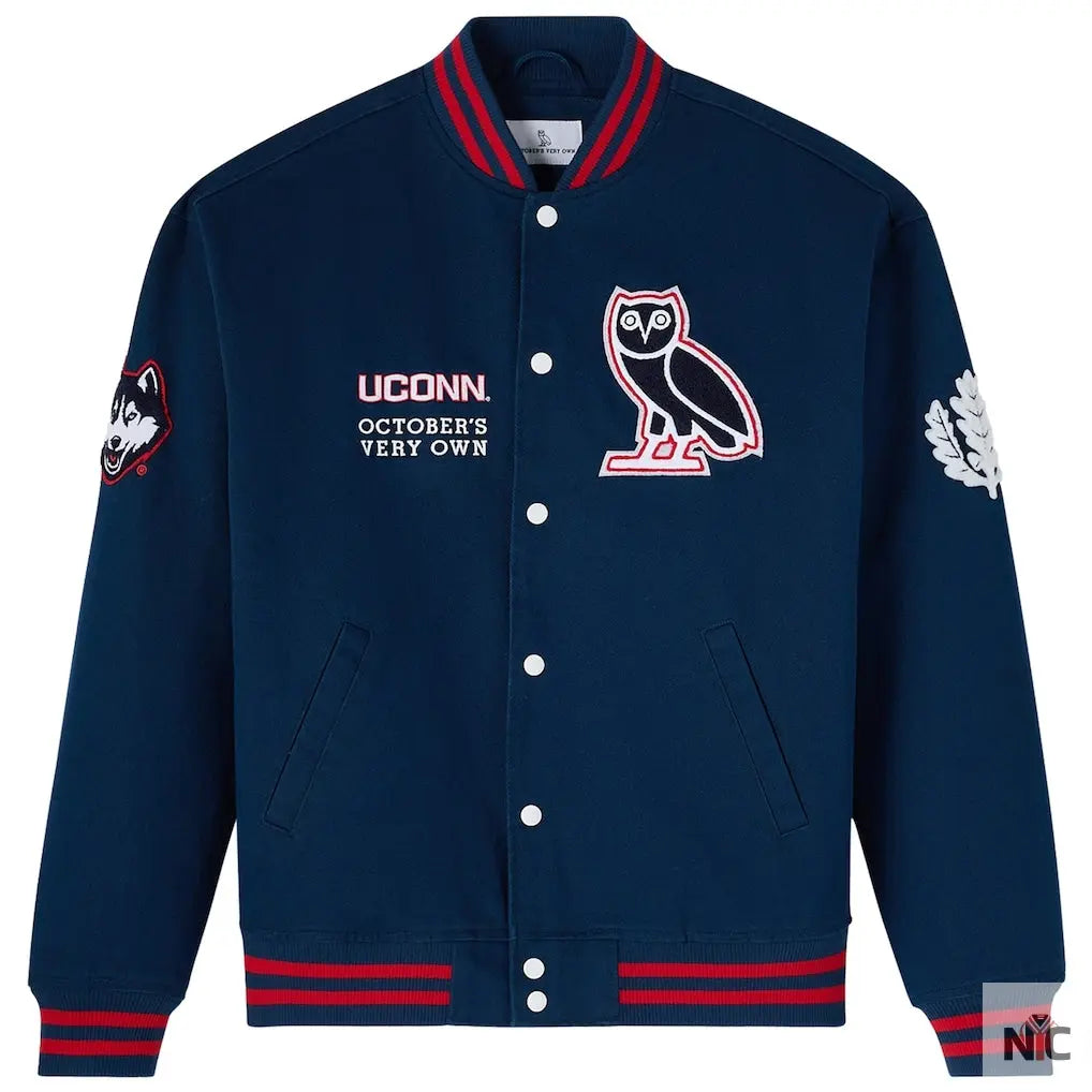 OVO x UConn Huskies Time To Shine Full-Snap Varsity Jacket - Navy - Clanton Jacket