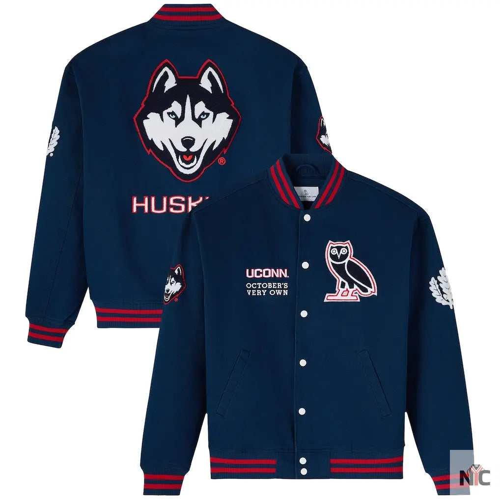 OVO x UConn Huskies Time To Shine Full-Snap Varsity Jacket - Navy - Clanton Jacket