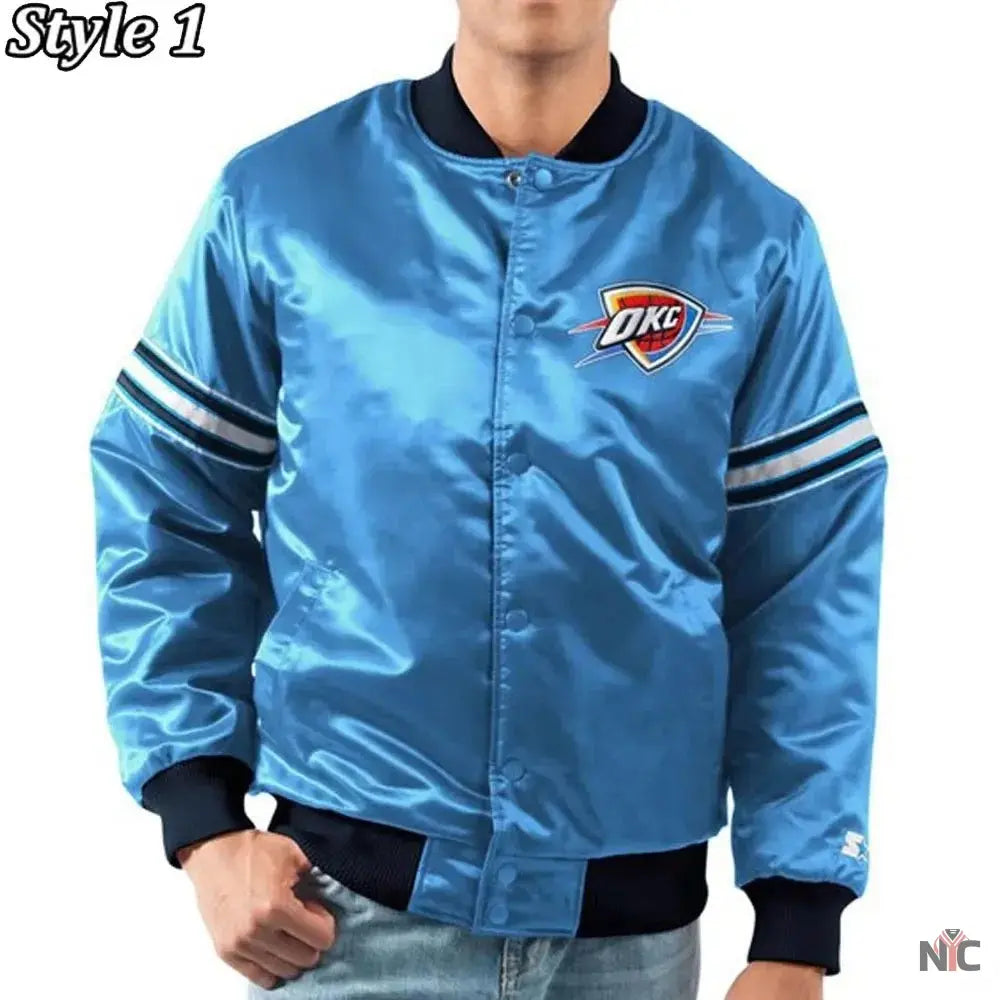 Oklahoma City Thunder Pick Varsity Satin Blue Jacket Clanton Jacket