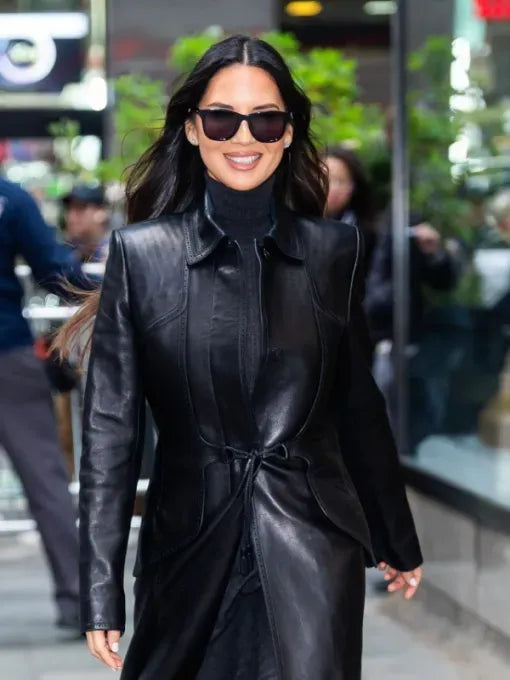 Olivia Munn Midtown NYC 2025 Leather Coat