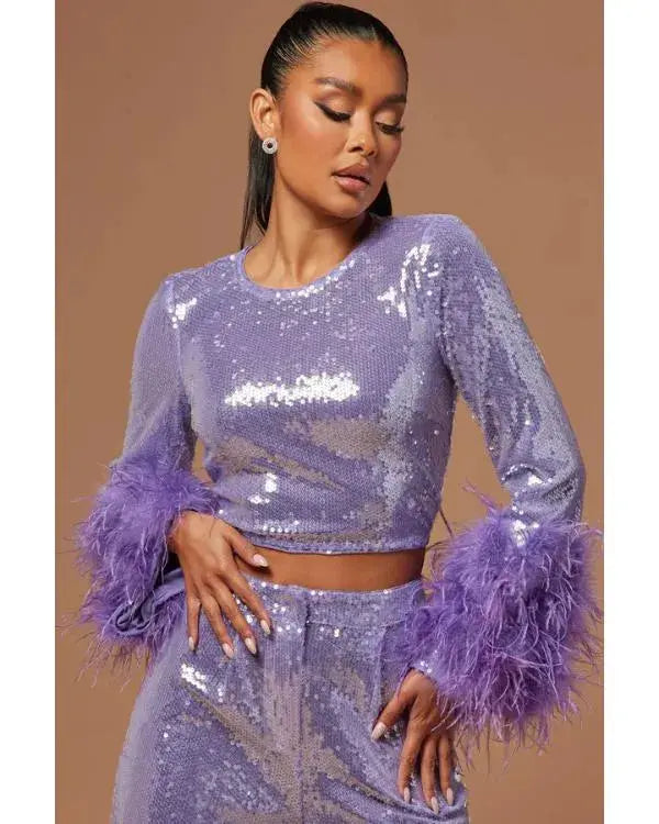 Owning Manhattan S02 Jess Markowski Purple Sequin Crop Top