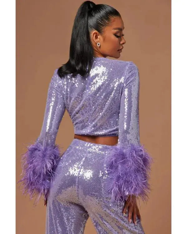 Owning Manhattan S02 Jess Markowski Purple Sequin Crop Top