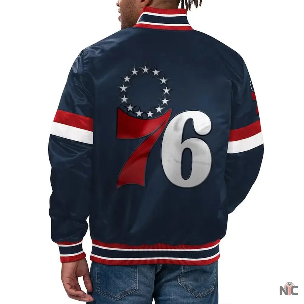 Philadelphia 76ers Home Game Navy Satin Jacket Clanton Jacket