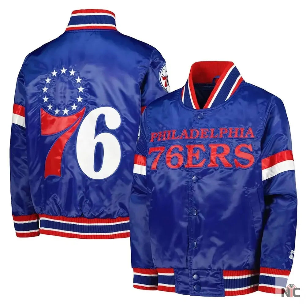 Philadelphia 76ers Home Game Royal Satin Jacket Clanton Jacket