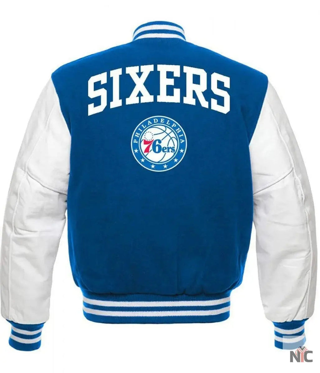 Philadelphia 76ers Letterman Blue and White Jacket Clanton Jacket