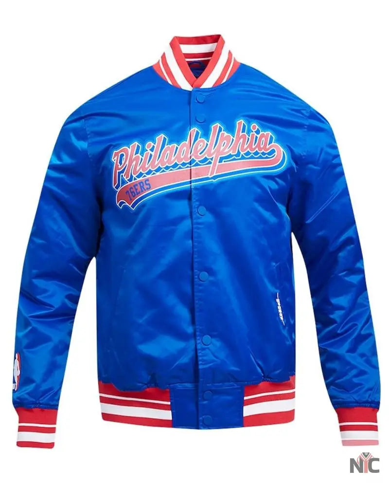 Philadelphia 76ers Script Tail Royal Satin Jacket Clanton Jacket