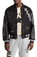 Pleasures Nerd Black Wool & Leather Varsity Jacket Clanton Jacket
