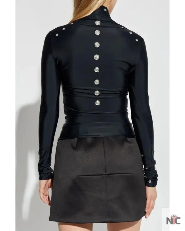 Press Junket 2025 Nicole Wallace Eyelet-Detailing Black Blouse Clanton Jacket