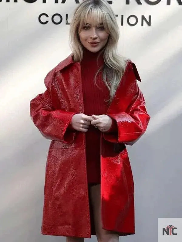 Sabrina Carpenter NYFW Red Leather Coat Clanton Jacket