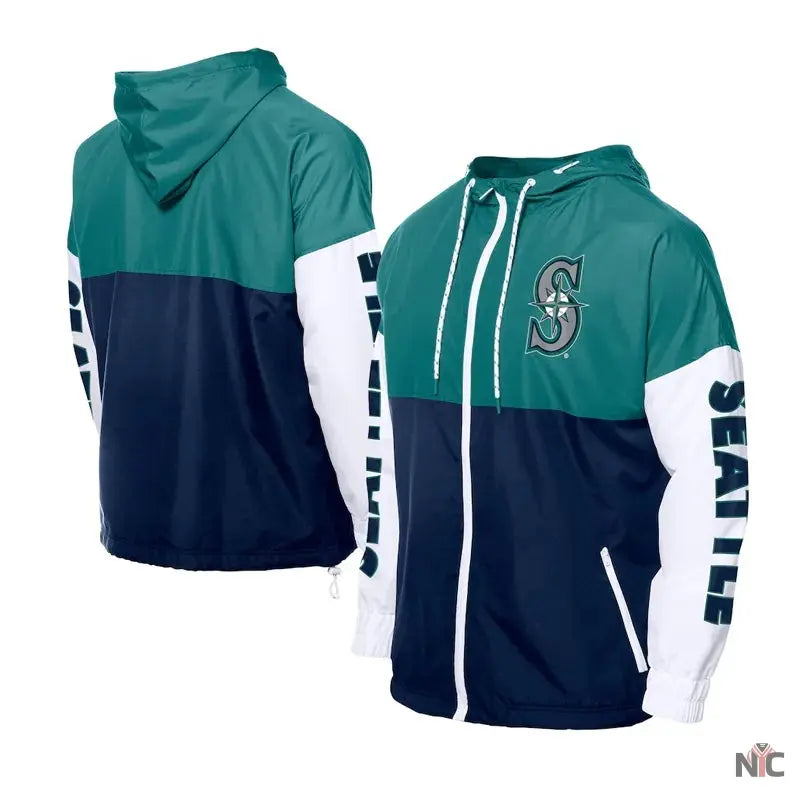 Seattle Mariners Color Block Navy/Aqua Hoodie Windbreaker Clanton Jacket