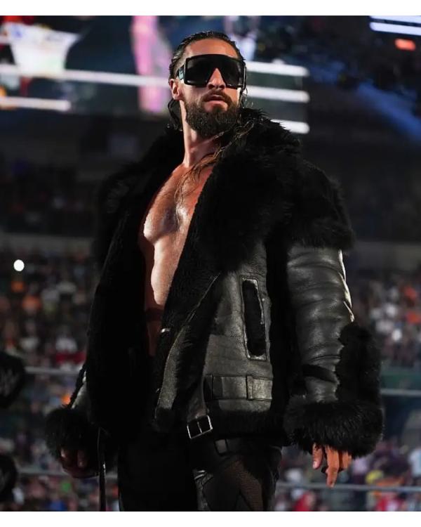 Seth Rollins Monday Night RAW Black Leather Fur Jacket Clanton Jacket