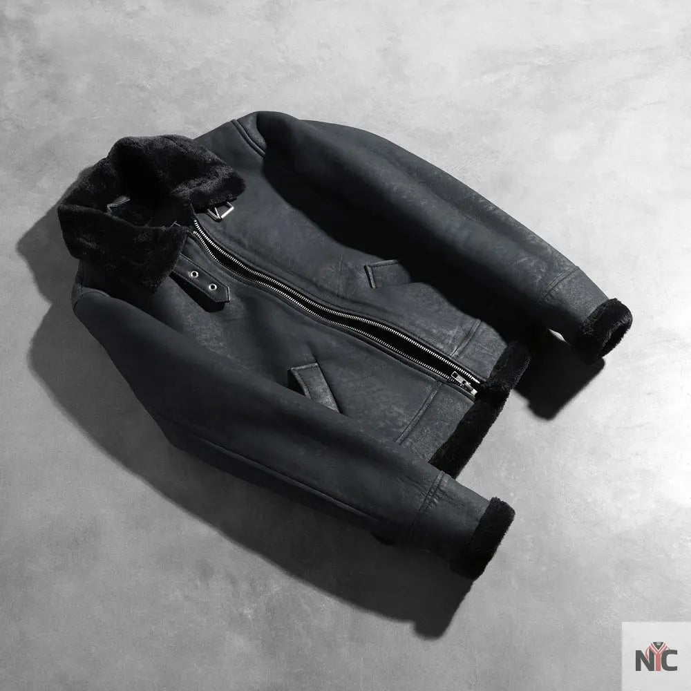 Sherilyn B-3 Distressed Black Leather Bomber Jacket Clanton Jacket