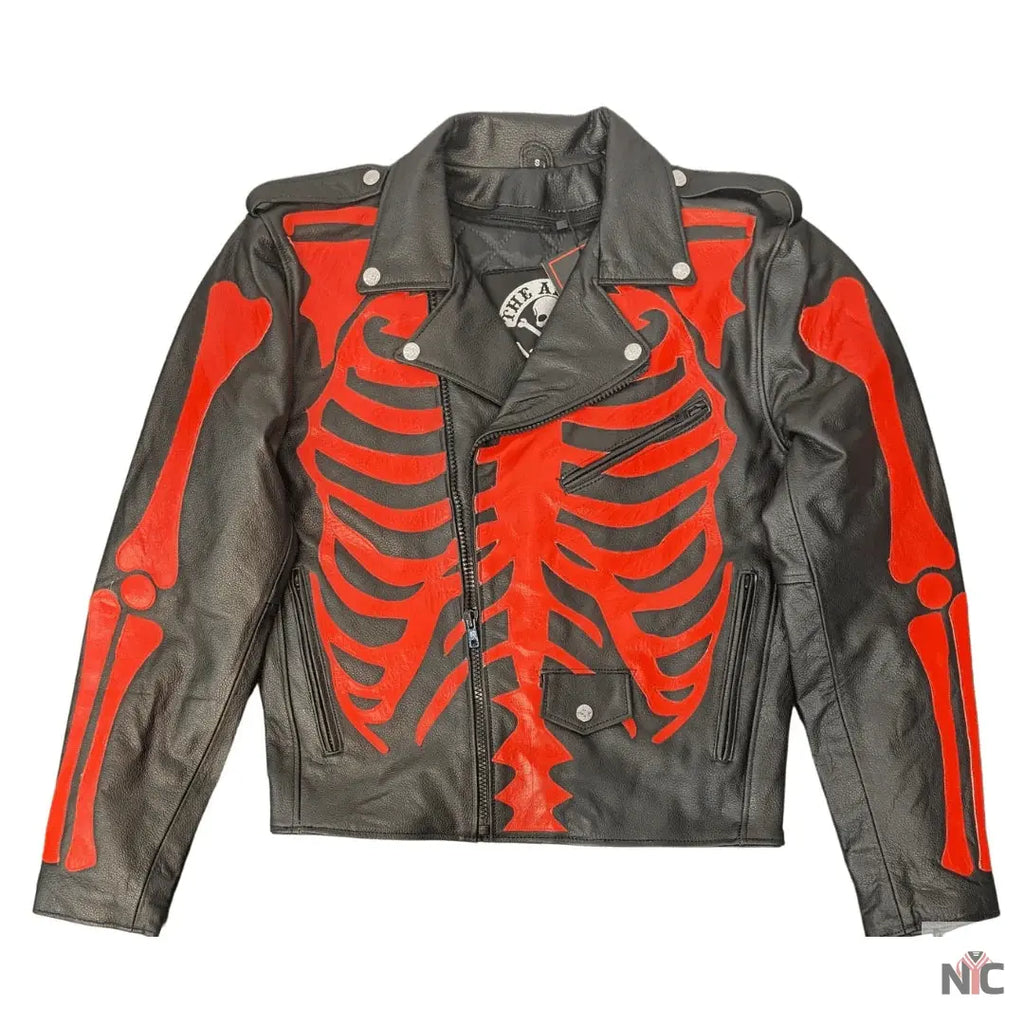 Skeleton Bones Red On Black Classic Style Leather Jacket Clanton Jacket