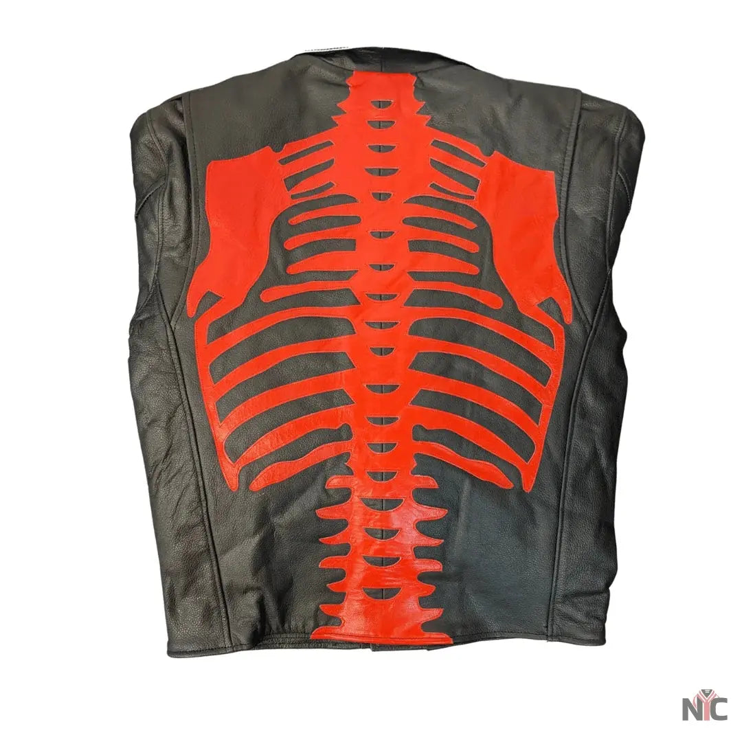 Skeleton Bones Red On Black Classic Style Leather Jacket Clanton Jacket