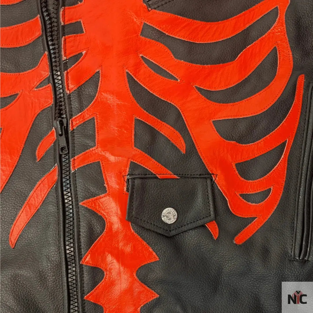Skeleton Bones Red On Black Classic Style Leather Jacket Clanton Jacket