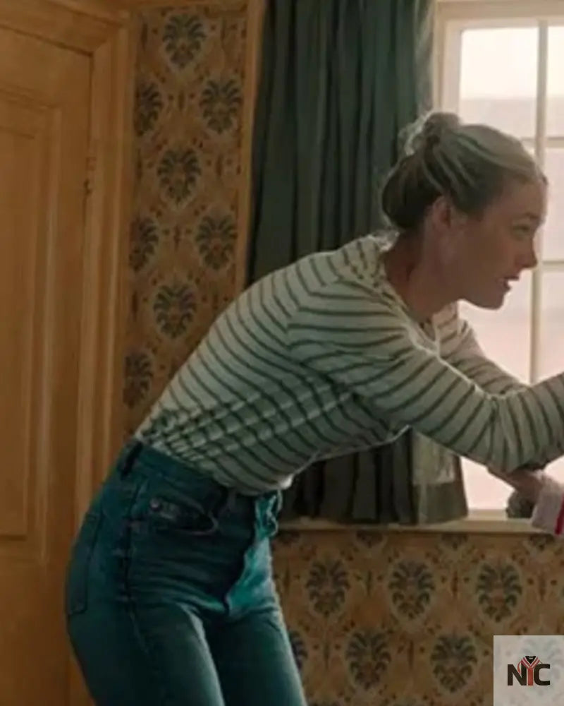 Speak No Evil 2024 Mackenzie Davis Stripe Shirt Clanton Jacket