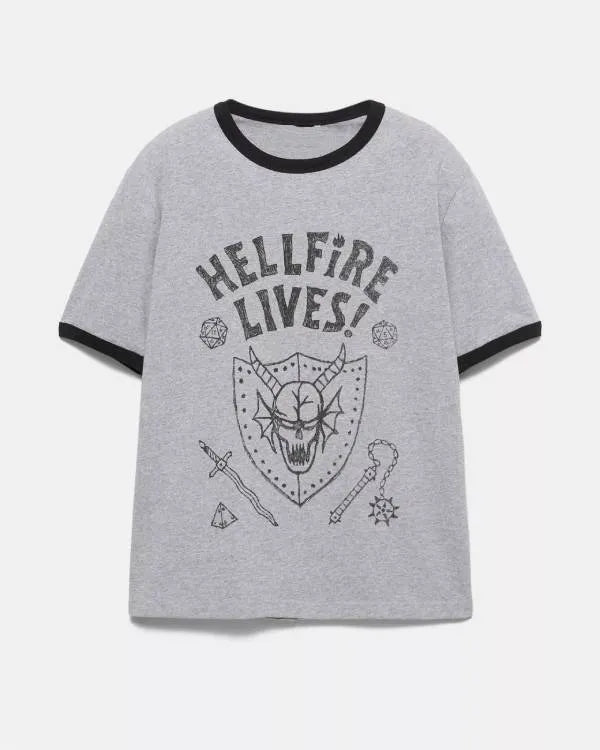 Stranger Things Dustin Grey Hellfire Lives Print T-Shirt