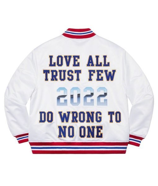 Supreme Love All Trust Few 2022 Do Wrong To No One White Varsity Jacket Clanton Jacket