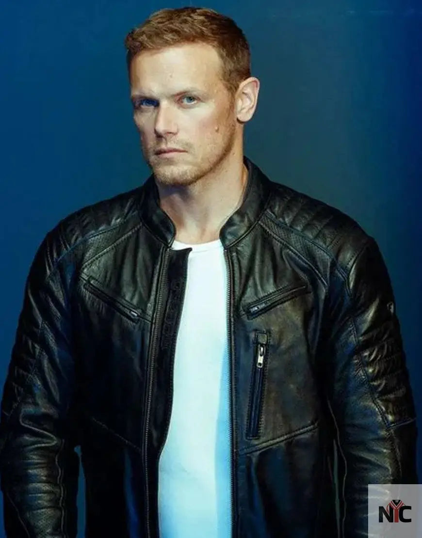 The Couple Next Door 2023 Sam Heughan Black Leather Jacket Clanton Jacket