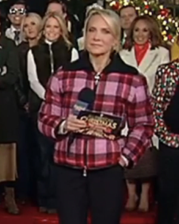The Five 2025 Dana Perino Pink And Red Plaid Puffer Jacket