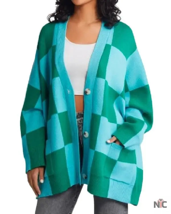 The Today Show Julee Wilson Blue and Green Check Cardigan Clanton Jacket