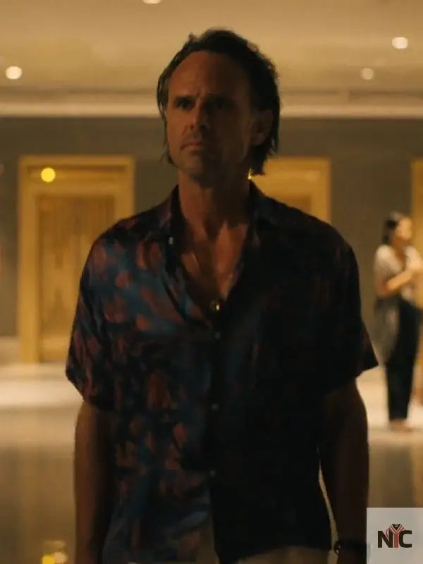 The White Lotus S3 Walton Goggins Blue Printed Shirt Clanton Jacket