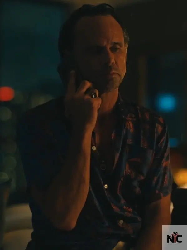 The White Lotus S3 Walton Goggins Blue Printed Shirt Clanton Jacket