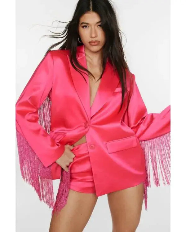 The Road S01 Britnee Kellogg Pink Satin Fringed Blazer
