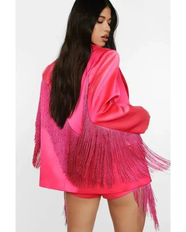 The Road S01 Britnee Kellogg Pink Satin Fringed Blazer