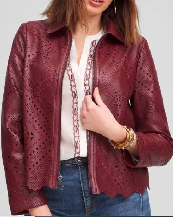 The Traitors US S04 Donna Kelce Burgundy Leather Cut Out Jacket
