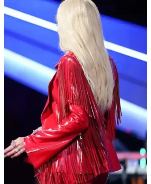 The Voice Gwen Stefani S26 Red Leather Fringe Blazer