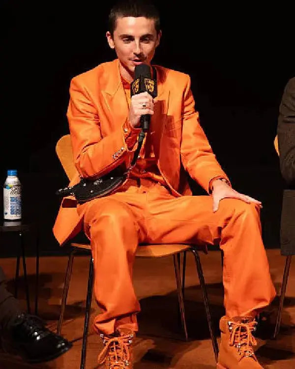 Timothée Chalamet LA Premiere of A24’s “Marty Supreme” Orange Leather Suit