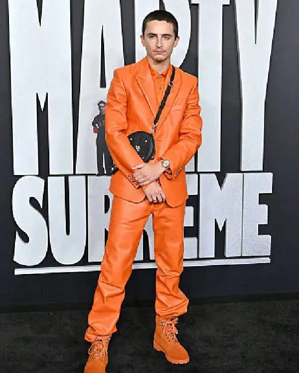 Timothée Chalamet LA Premiere of A24’s “Marty Supreme” Orange Leather Suit