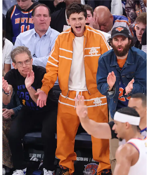 Timothée Chalamet NBA Finals Game 3 Orange Tracksuit WorthVee