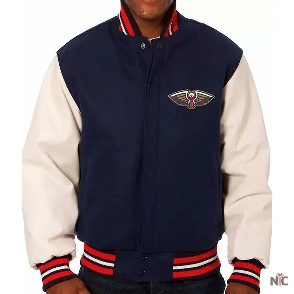 Varsity New Orleans Pelicans Blue and White Jacket Clanton Jacket
