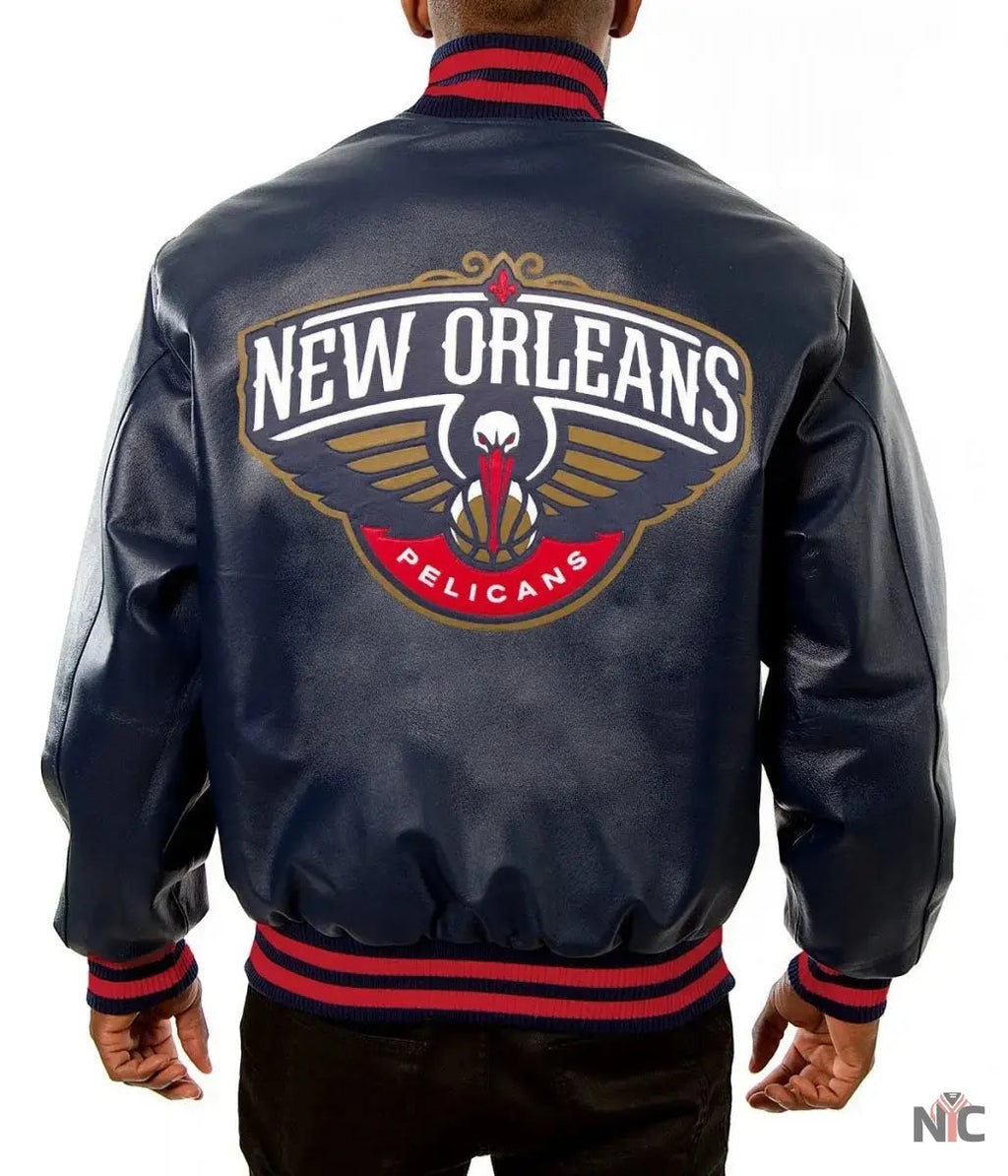 Varsity New Orleans Pelicans Navy Blue Leather Jacket Clanton Jacket