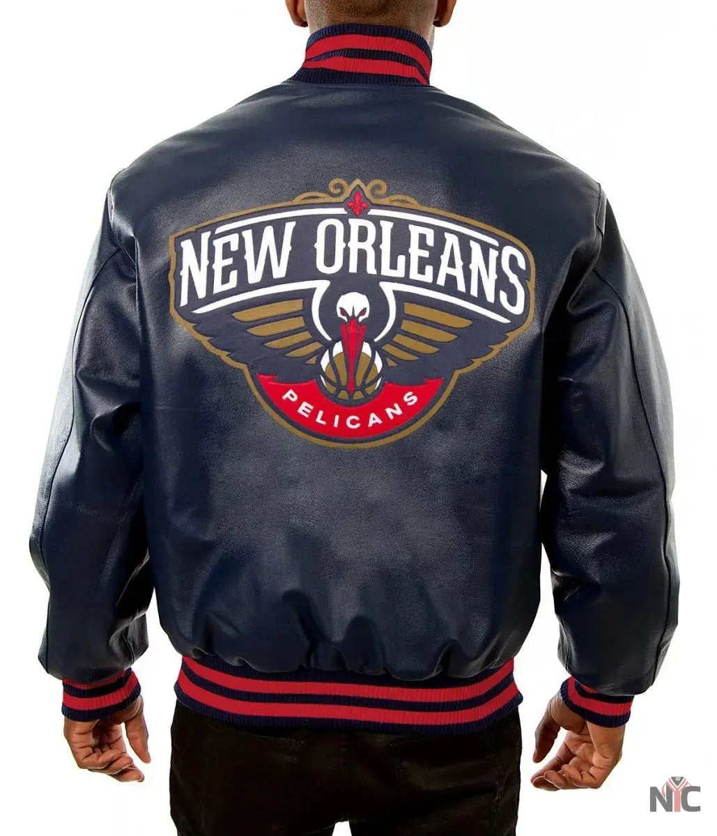 Varsity New Orleans Pelicans Navy Blue Leather Jacket Clanton Jacket