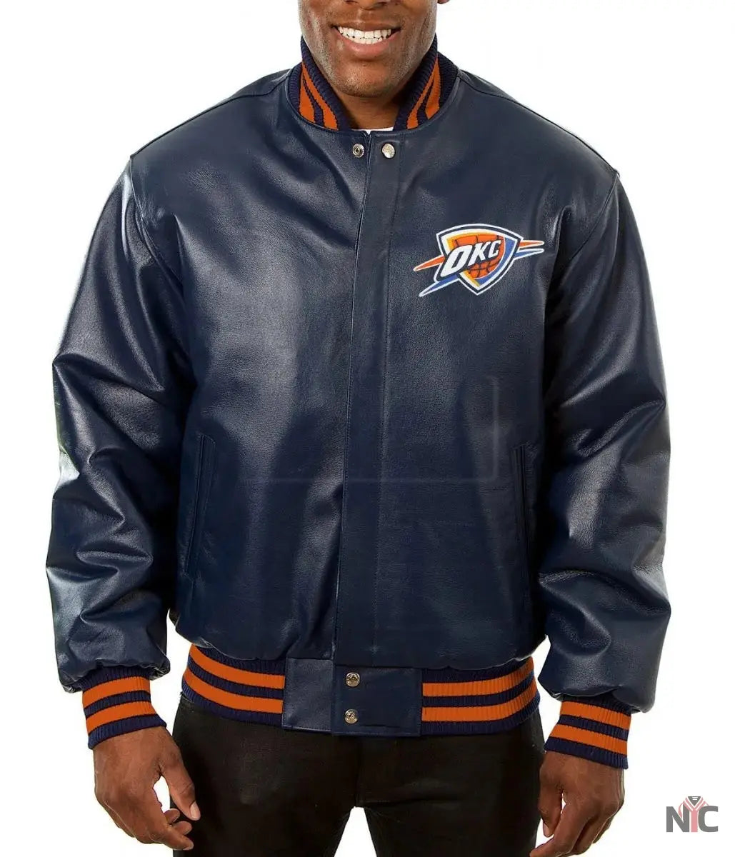 Varsity Oklahoma City Thunder Navy Blue Leather Jacket Clanton Jacket