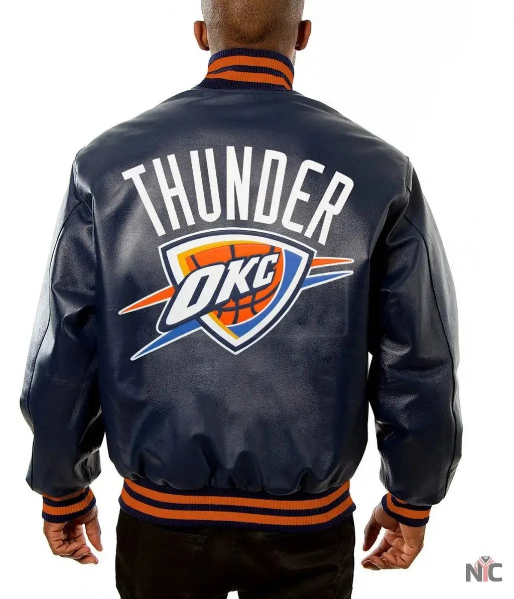 Varsity Oklahoma City Thunder Navy Blue Leather Jacket Clanton Jacket