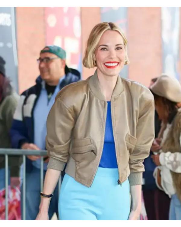 Leslie Bibb New York City Cropped Leather Bomber Jacket